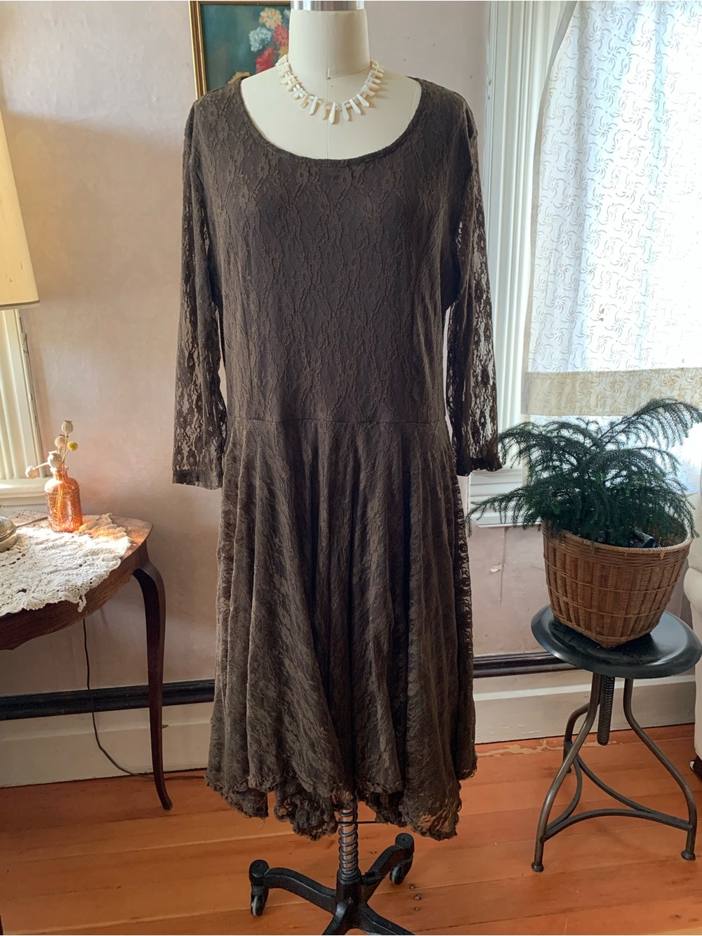 Brown Lace Long Sleeve Fit-and-Flare Dress